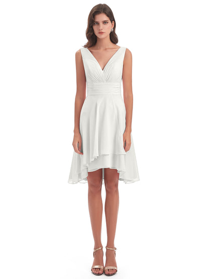 Esperanza Knee Length High Low V-neck Chiffon Bridesmaid Dresses