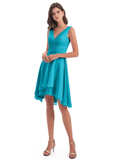 Esperanza Knee Length High Low V-neck Chiffon Bridesmaid Dresses