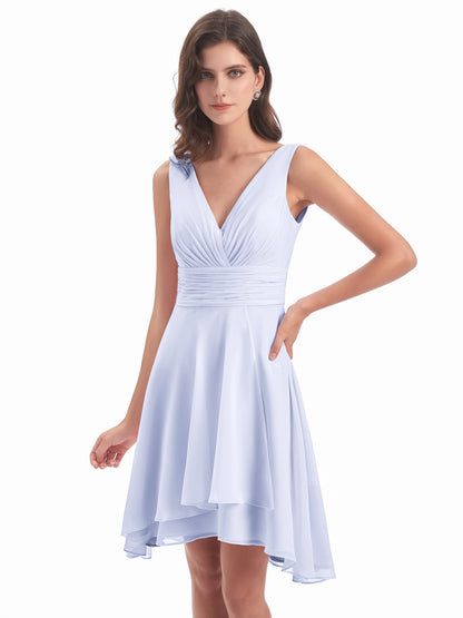 Esperanza Knee Length High Low V-neck Chiffon Bridesmaid Dresses