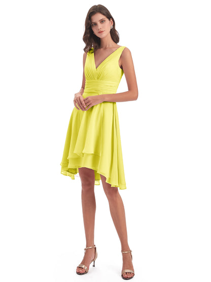Esperanza Knee Length High Low V-neck Chiffon Bridesmaid Dresses