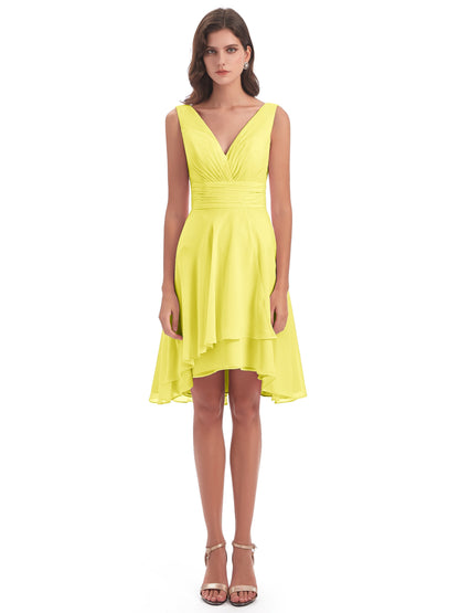 Esperanza Knee Length High Low V-neck Chiffon Bridesmaid Dresses