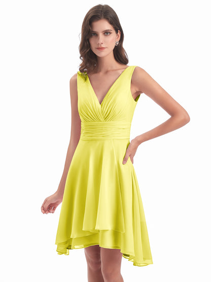 Esperanza Knee Length High Low V-neck Chiffon Bridesmaid Dresses