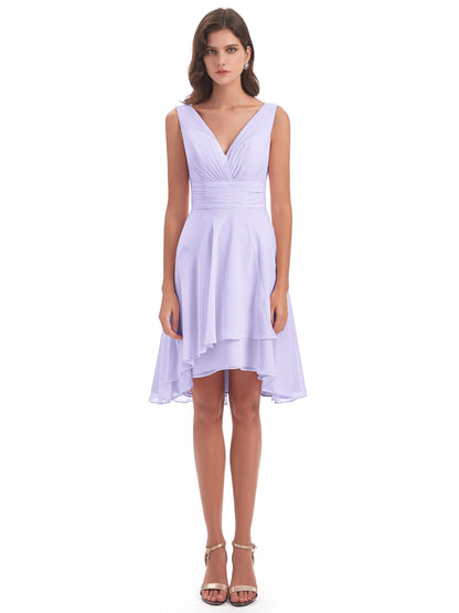 Esperanza Knee Length High Low V-neck Chiffon Bridesmaid Dresses