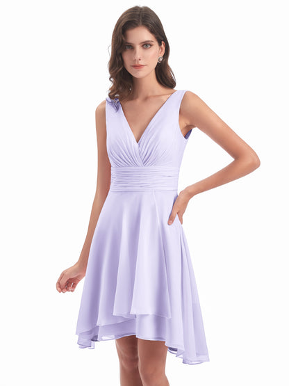 Esperanza Knee Length High Low V-neck Chiffon Bridesmaid Dresses