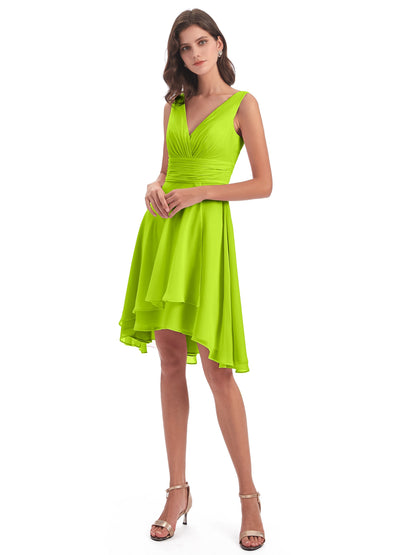 Esperanza Knee Length High Low V-neck Chiffon Bridesmaid Dresses
