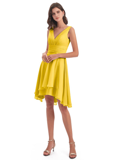 Esperanza Knee Length High Low V-neck Chiffon Bridesmaid Dresses