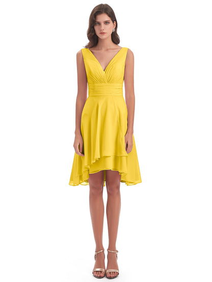 Esperanza Knee Length High Low V-neck Chiffon Bridesmaid Dresses