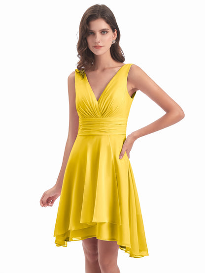 Esperanza Knee Length High Low V-neck Chiffon Bridesmaid Dresses