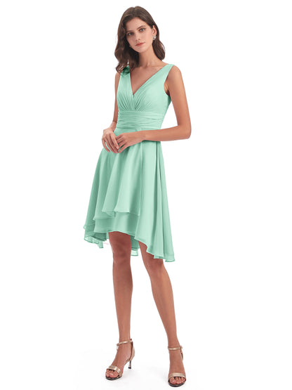 Esperanza Knee Length High Low V-neck Chiffon Bridesmaid Dresses