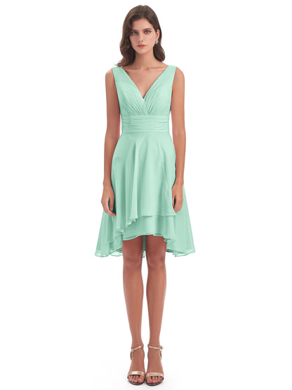 Esperanza Knee Length High Low V-neck Chiffon Bridesmaid Dresses