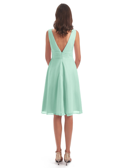 Esperanza Knee Length High Low V-neck Chiffon Bridesmaid Dresses
