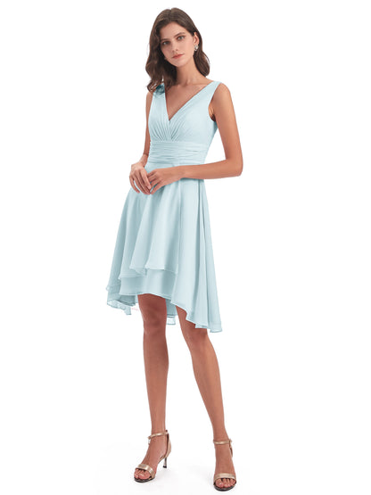 Esperanza Knee Length High Low V-neck Chiffon Bridesmaid Dresses