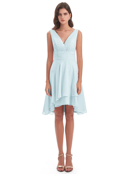 Esperanza Knee Length High Low V-neck Chiffon Bridesmaid Dresses