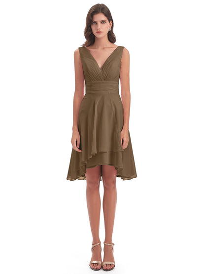 Esperanza Knee Length High Low V-neck Chiffon Bridesmaid Dresses
