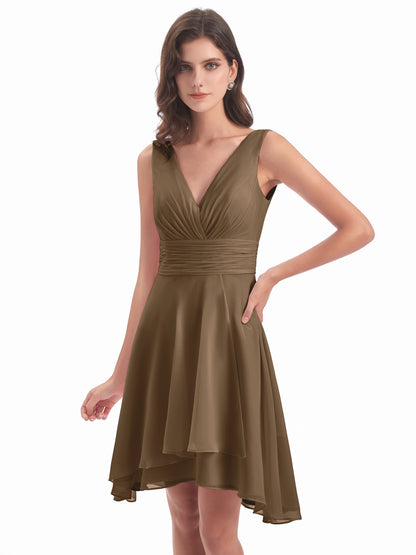 Esperanza Knee Length High Low V-neck Chiffon Bridesmaid Dresses