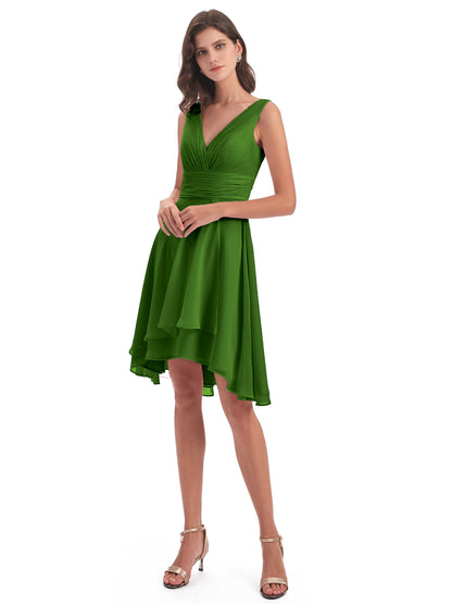 Esperanza Knee Length High Low V-neck Chiffon Bridesmaid Dresses