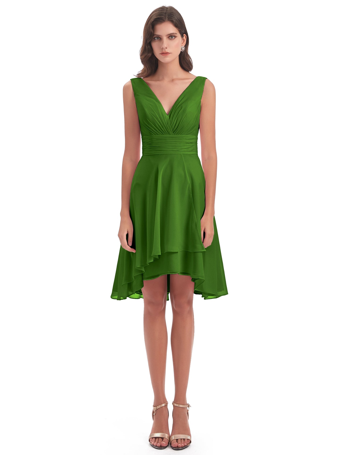 Esperanza Knee Length High Low V-neck Chiffon Bridesmaid Dresses