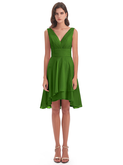 Esperanza Knee Length High Low V-neck Chiffon Bridesmaid Dresses