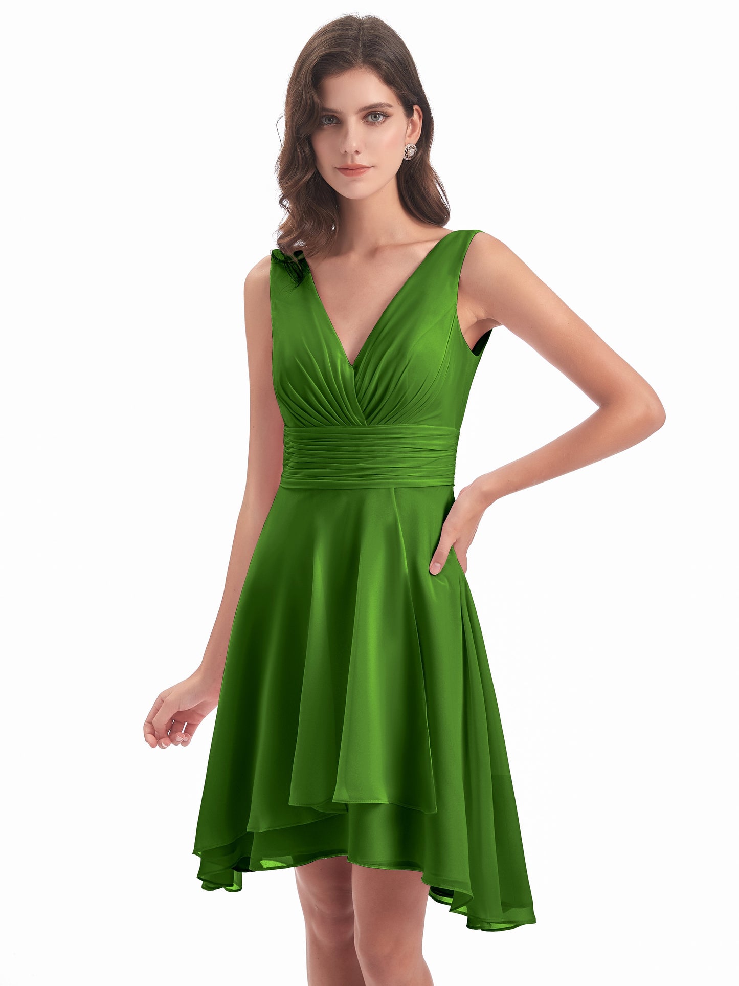 Esperanza Knee Length High Low V-neck Chiffon Bridesmaid Dresses