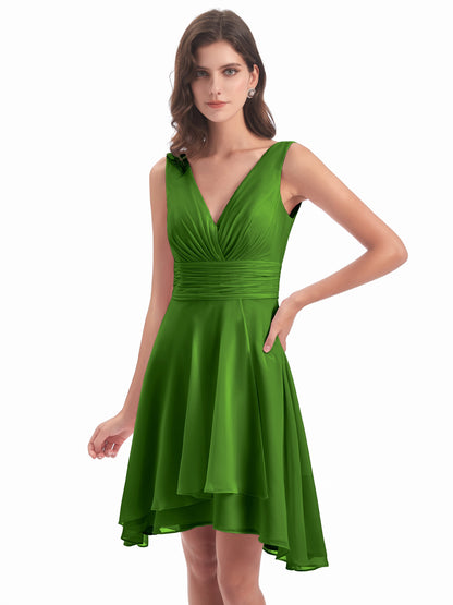Esperanza Knee Length High Low V-neck Chiffon Bridesmaid Dresses