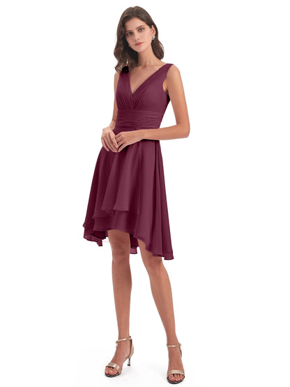 Esperanza Knee Length High Low V-neck Chiffon Bridesmaid Dresses
