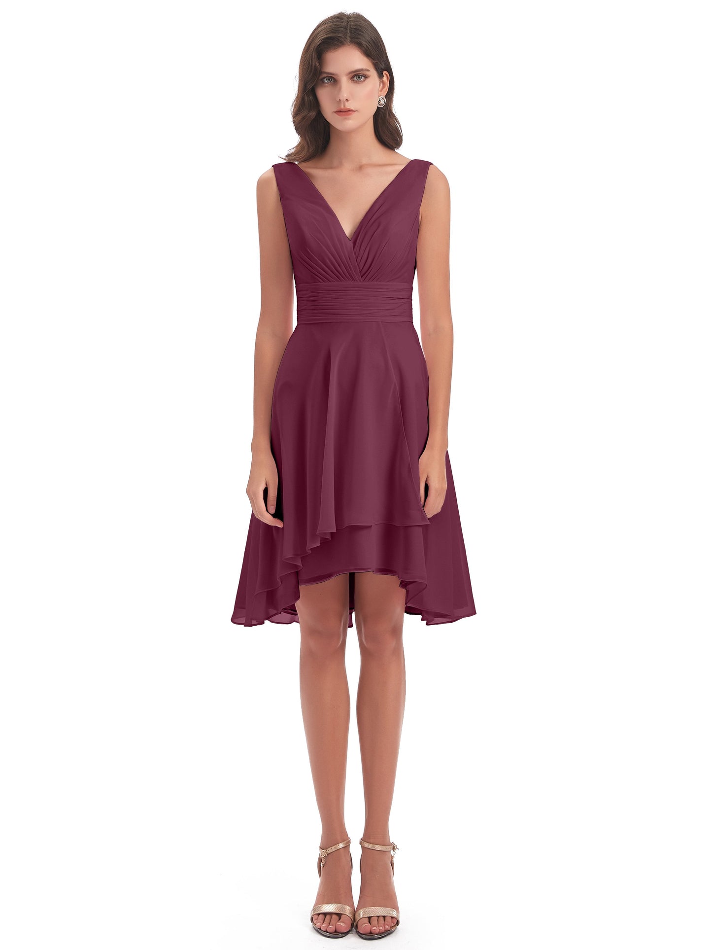 Esperanza Knee Length High Low V-neck Chiffon Bridesmaid Dresses