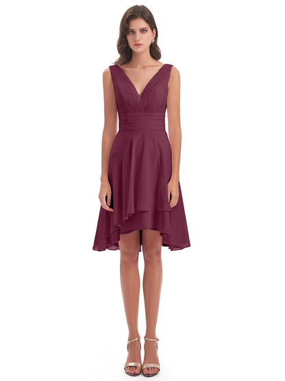 Esperanza Knee Length High Low V-neck Chiffon Bridesmaid Dresses