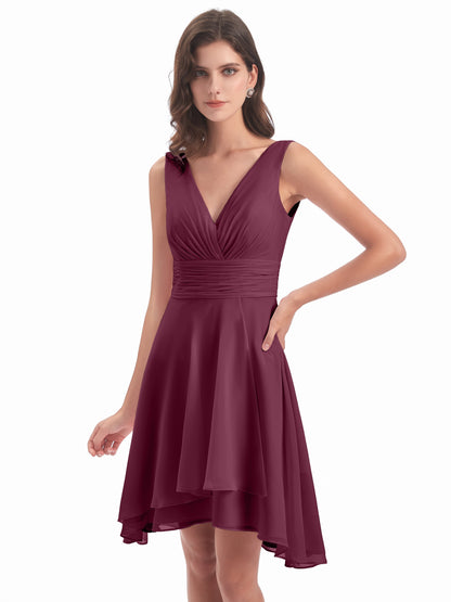 Esperanza Knee Length High Low V-neck Chiffon Bridesmaid Dresses