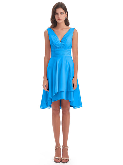 Esperanza Knee Length High Low V-neck Chiffon Bridesmaid Dresses