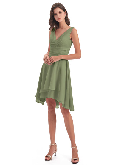 Esperanza Knee Length High Low V-neck Chiffon Bridesmaid Dresses