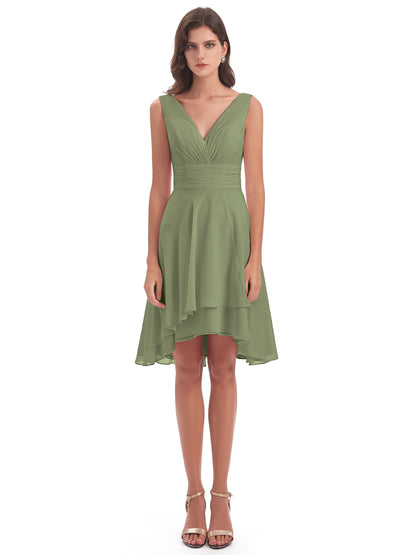 Esperanza Knee Length High Low V-neck Chiffon Bridesmaid Dresses