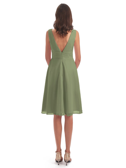 Esperanza Knee Length High Low V-neck Chiffon Bridesmaid Dresses
