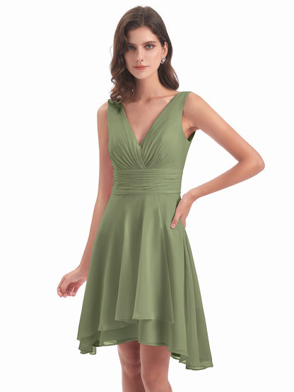 Esperanza Knee Length High Low V-neck Chiffon Bridesmaid Dresses