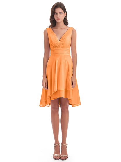 Esperanza Knee Length High Low V-neck Chiffon Bridesmaid Dresses