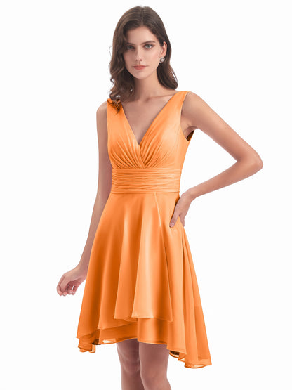 Esperanza Knee Length High Low V-neck Chiffon Bridesmaid Dresses