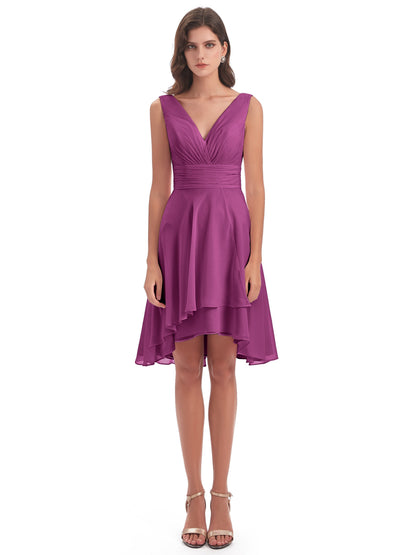 Esperanza Knee Length High Low V-neck Chiffon Bridesmaid Dresses