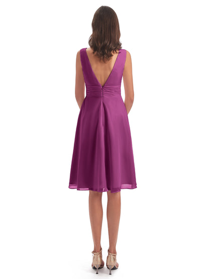 Esperanza Knee Length High Low V-neck Chiffon Bridesmaid Dresses