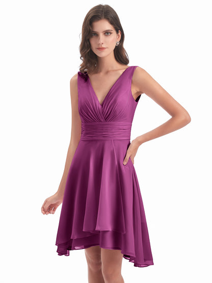 Esperanza Knee Length High Low V-neck Chiffon Bridesmaid Dresses