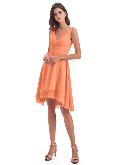 Esperanza Knee Length High Low V-neck Chiffon Bridesmaid Dresses