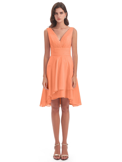 Esperanza Knee Length High Low V-neck Chiffon Bridesmaid Dresses