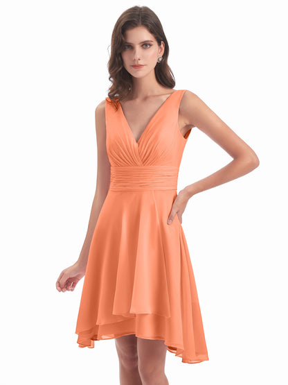 Esperanza Knee Length High Low V-neck Chiffon Bridesmaid Dresses