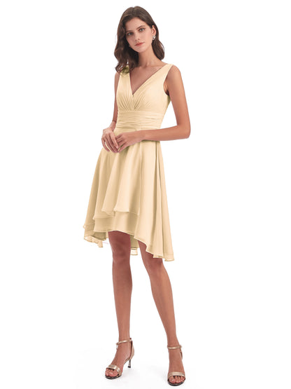 Esperanza Knee Length High Low V-neck Chiffon Bridesmaid Dresses