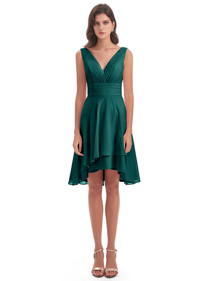 Esperanza Knee Length High Low V-neck Chiffon Bridesmaid Dresses