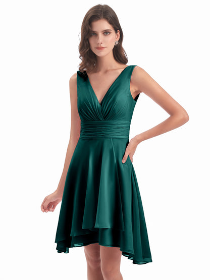 Esperanza Knee Length High Low V-neck Chiffon Bridesmaid Dresses