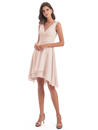 Esperanza Knee Length High Low V-neck Chiffon Bridesmaid Dresses