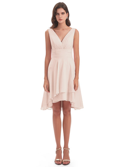 Esperanza Knee Length High Low V-neck Chiffon Bridesmaid Dresses