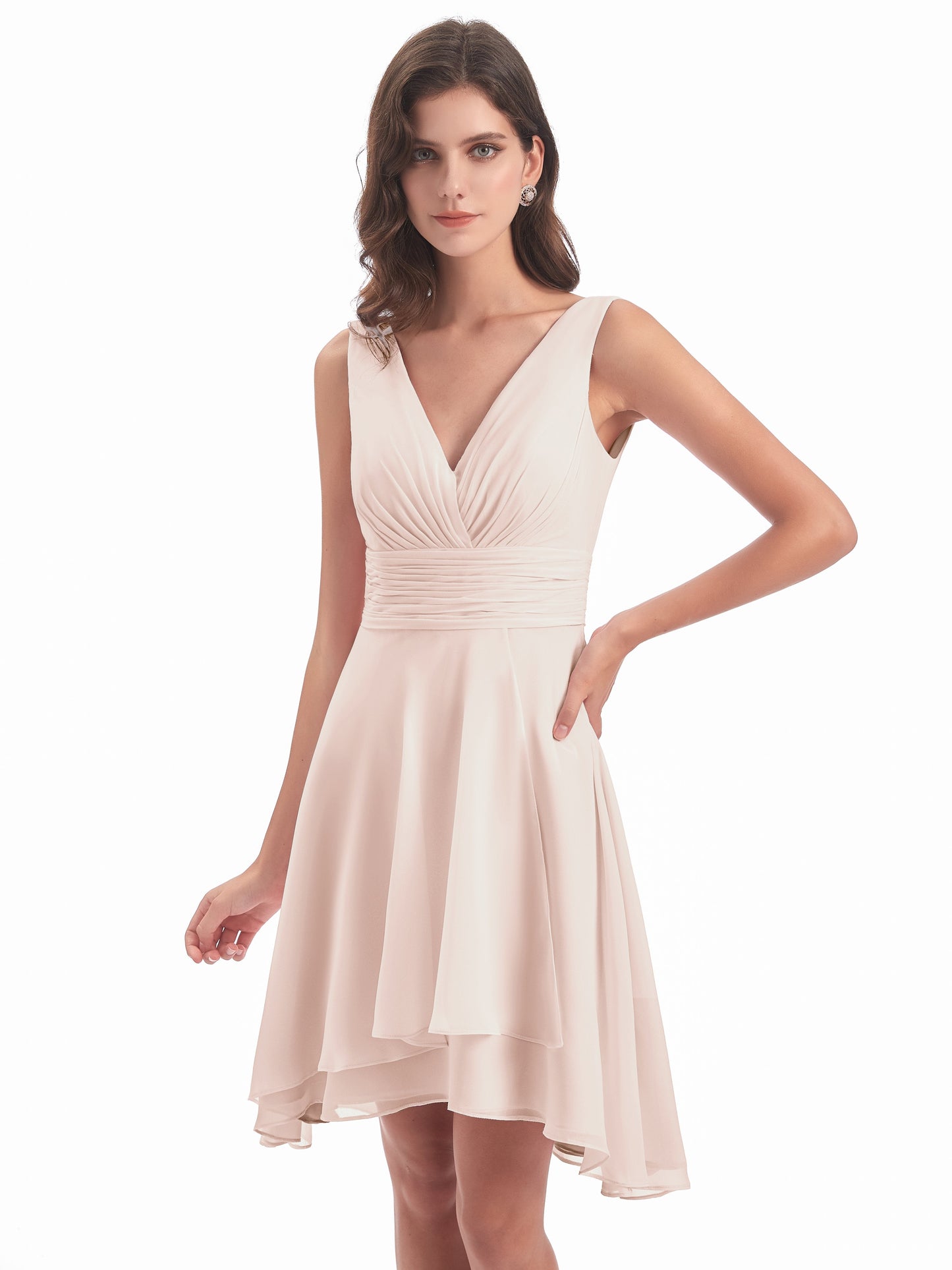 Esperanza Knee Length High Low V-neck Chiffon Bridesmaid Dresses