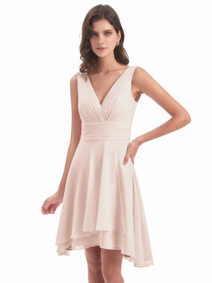 Esperanza Knee Length High Low V-neck Chiffon Bridesmaid Dresses