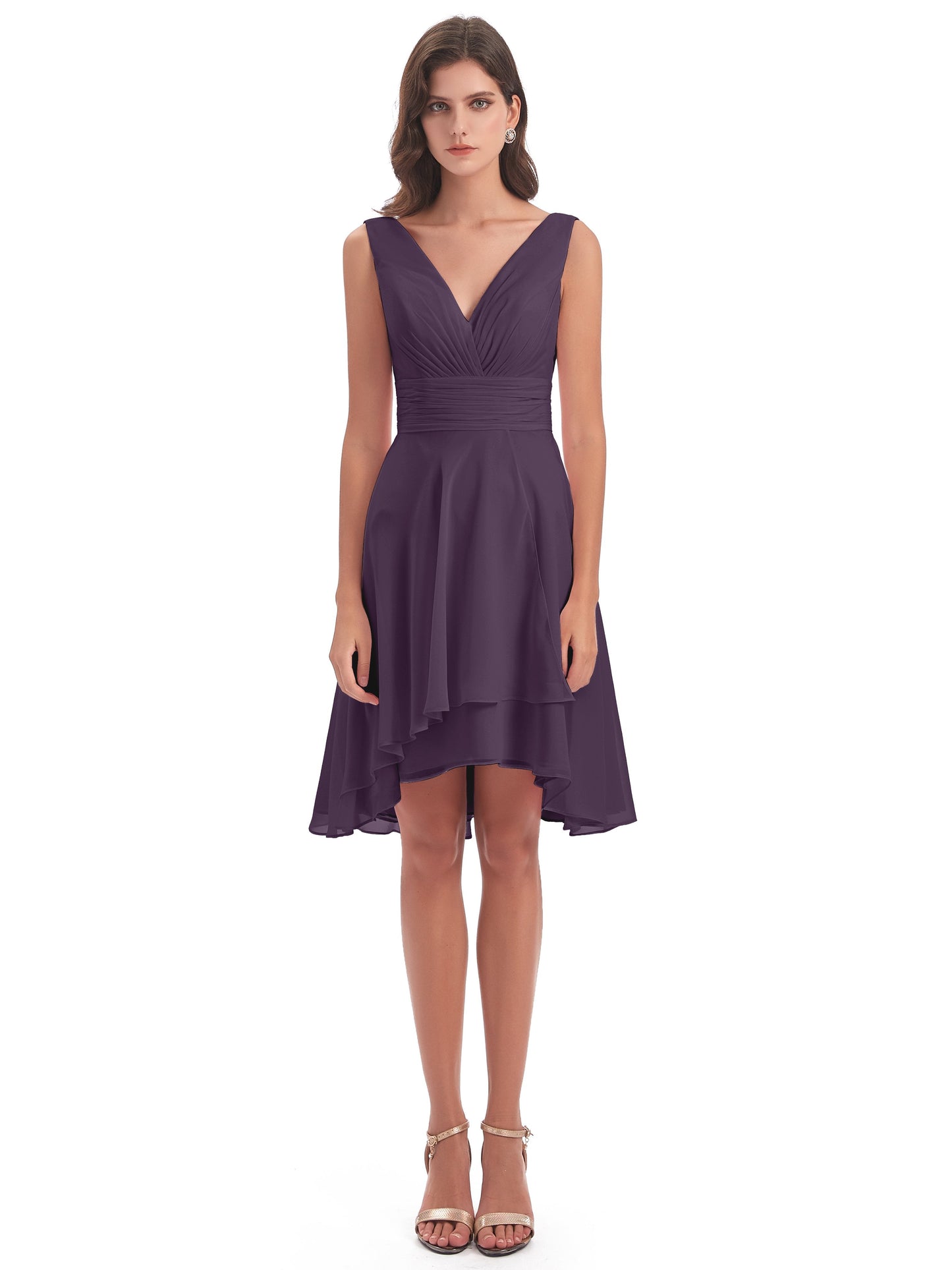 Esperanza Knee Length High Low V-neck Chiffon Bridesmaid Dresses