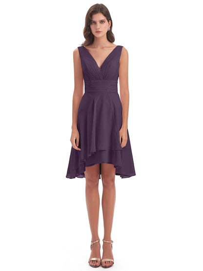 Esperanza Knee Length High Low V-neck Chiffon Bridesmaid Dresses